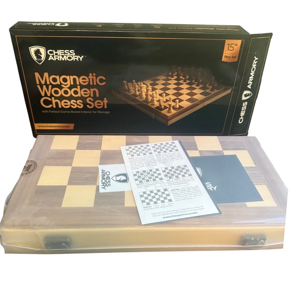 Chess Armory 15 Inch Magnetic Wooden Chess Folding Board Walnut Travel Set NEW